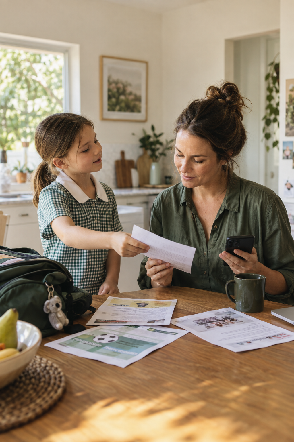 A mum checks her phone while her child hands her another notice, with school and sports papers on the kitchen table.