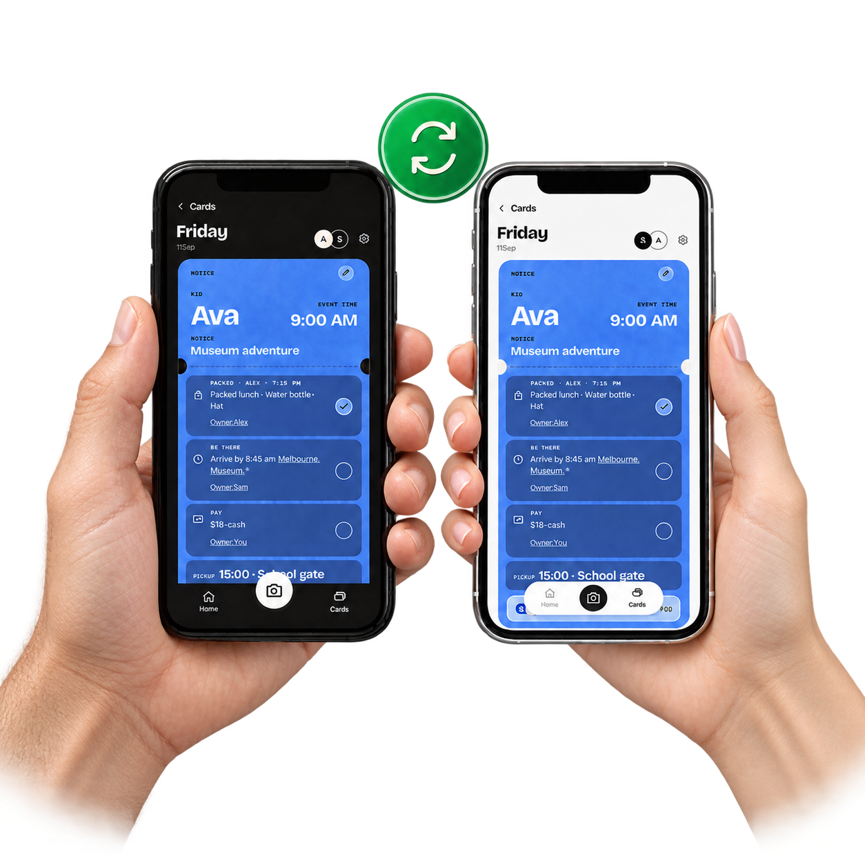 Two hands hold phones showing Ava’s shared family card in dark and light mode, with circular sync arrows above.