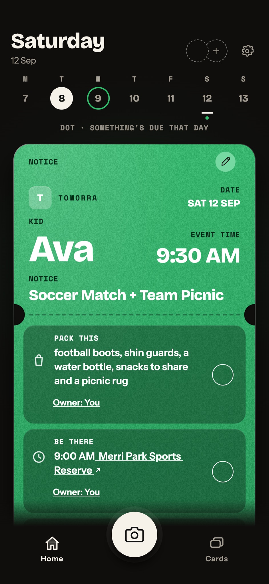 Tomorra home screen with the weekly calendar above Ava’s sports card and the camera button below.