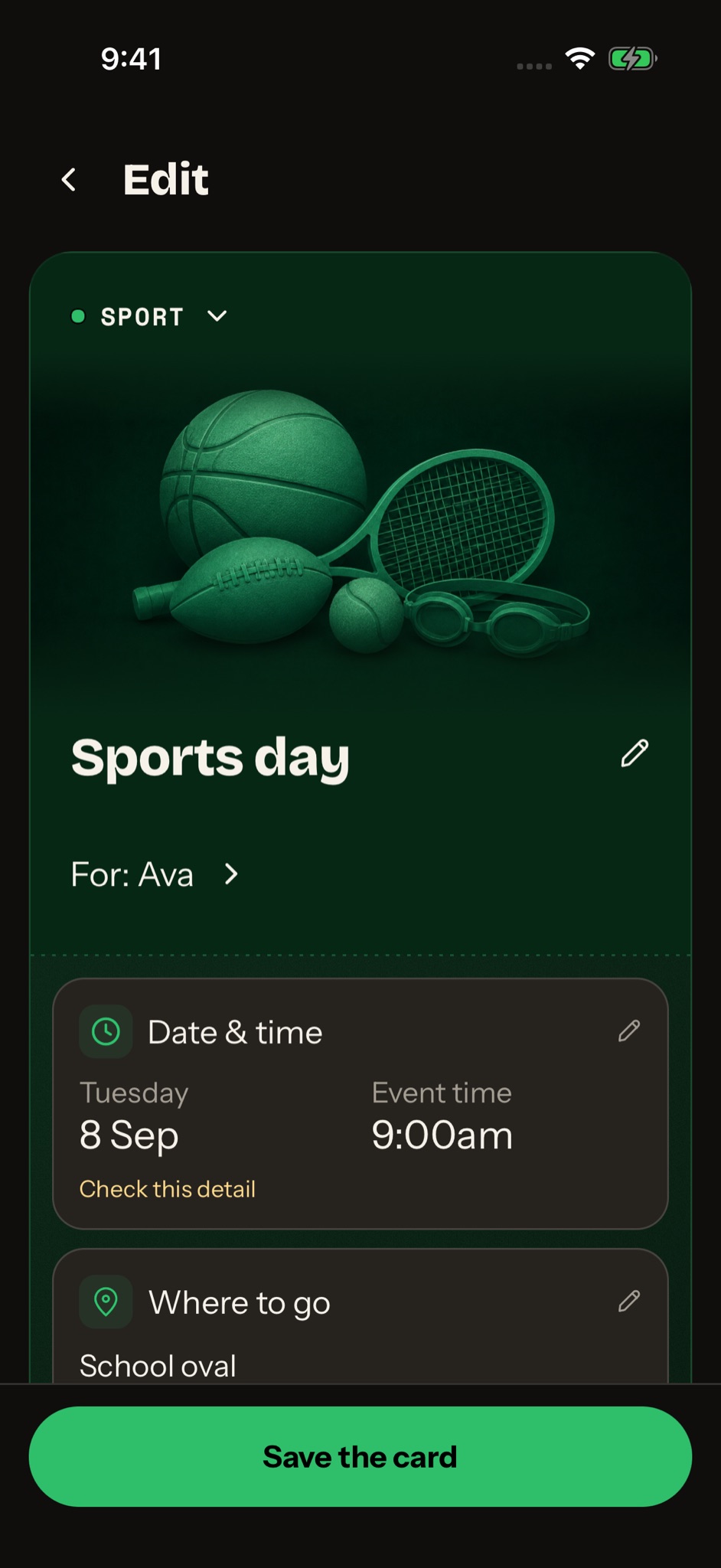 Review a scanned sports notice and edit its date and location before saving.