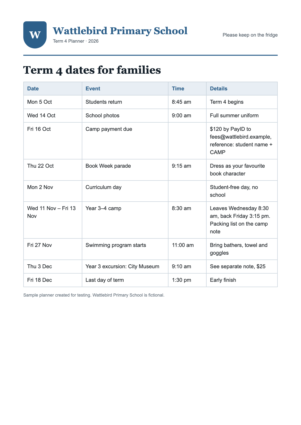 A one-page school term planner containing activities across October.